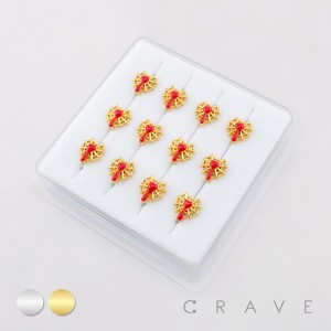 12PCS OF CZ BLOODY SPIDER WEB BLEEDING HEART 316L SURGICAL STEEL L-SHAPE NOSE RING BOX